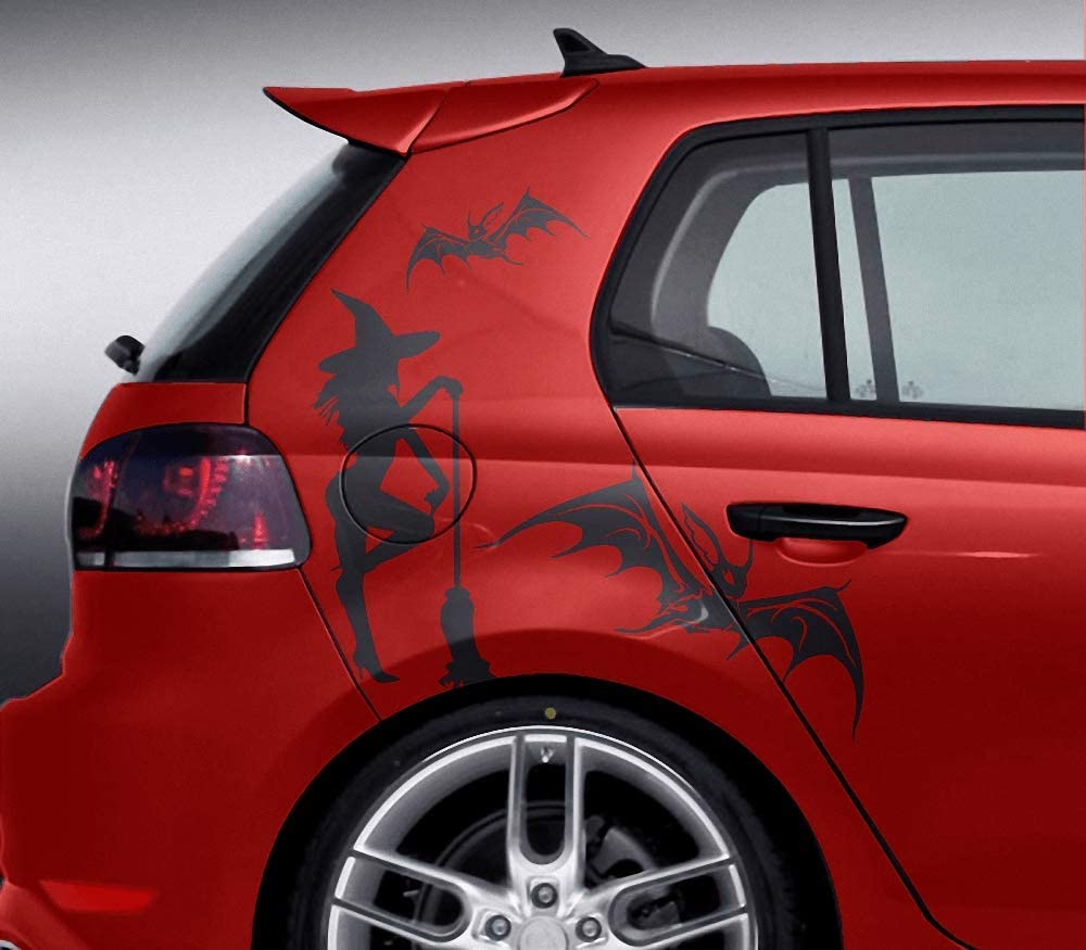 Motorhauben Aufkleber Auto Hexe Besen Fledermaus Tattoo Sticker Lack & Glas  - Der Dekor Aufkleber Shop